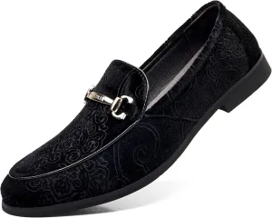 COSIDRAM Men's Velvet Penny Loafers Luxury Vintage Jacquard Pattern Classic Gold Buckle Party Prom Dress Shoes