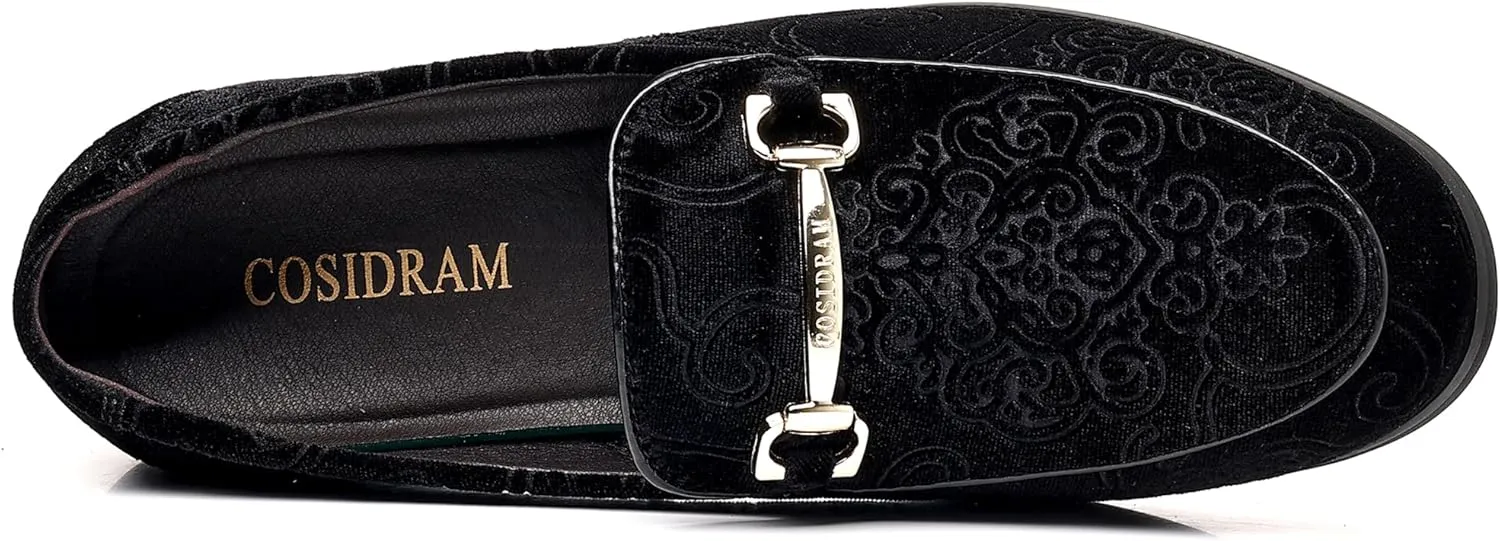 COSIDRAM Men's Velvet Penny Loafers Luxury Vintage Jacquard Pattern Classic Gold Buckle Party Prom Dress Shoes