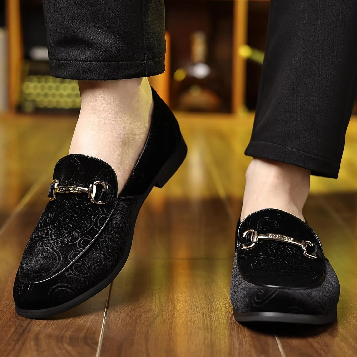 COSIDRAM Men's Velvet Penny Loafers Luxury Vintage Jacquard Pattern Classic Gold Buckle Party Prom Dress Shoes