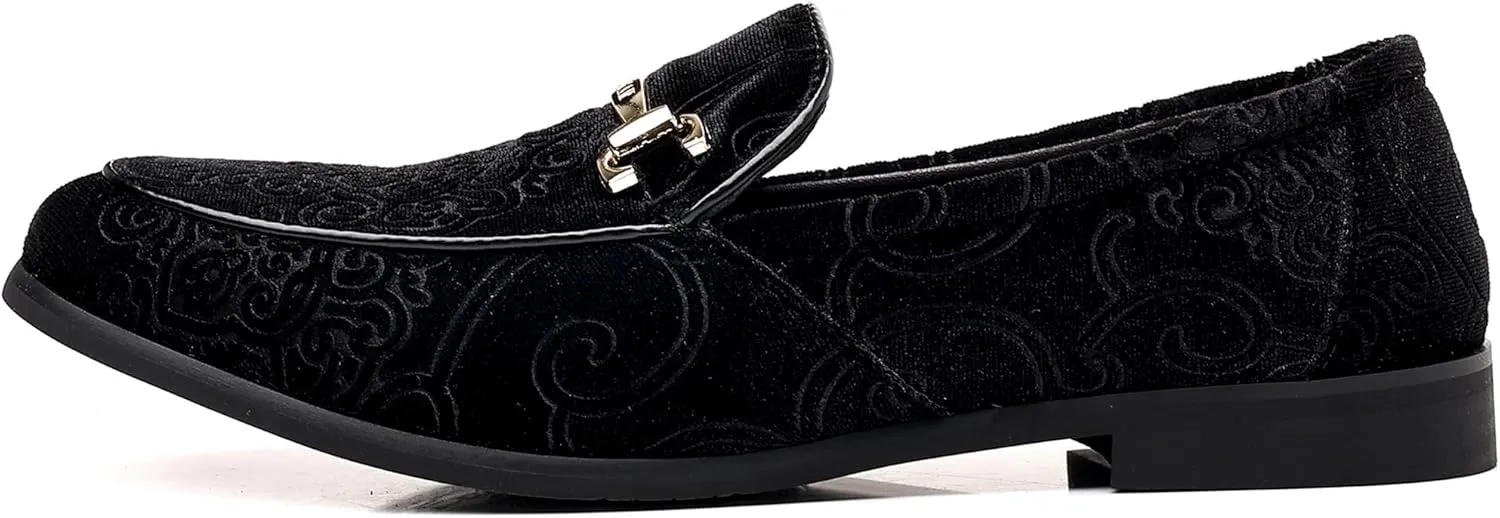 COSIDRAM Men's Velvet Penny Loafers Luxury Vintage Jacquard Pattern Classic Gold Buckle Party Prom Dress Shoes