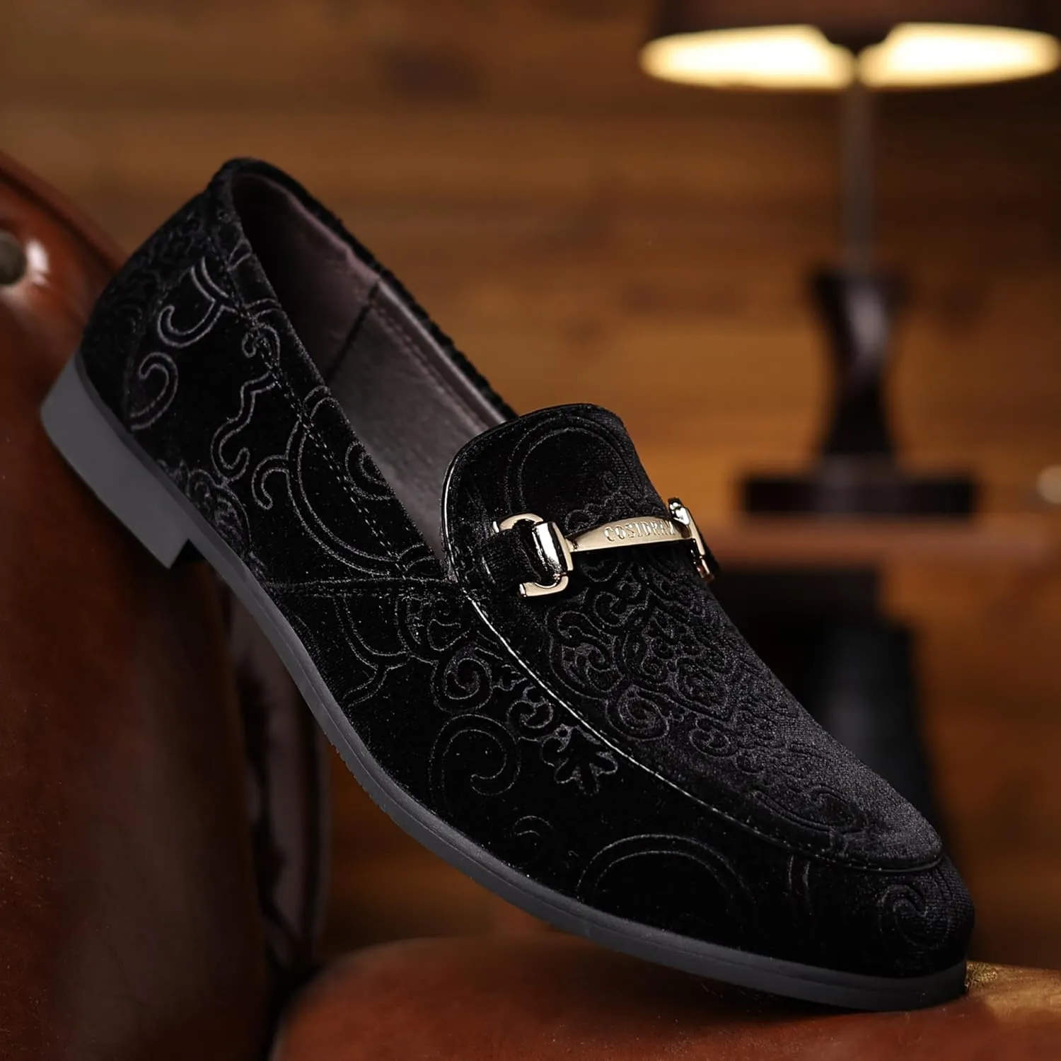 COSIDRAM Men's Velvet Penny Loafers Luxury Vintage Jacquard Pattern Classic Gold Buckle Party Prom Dress Shoes