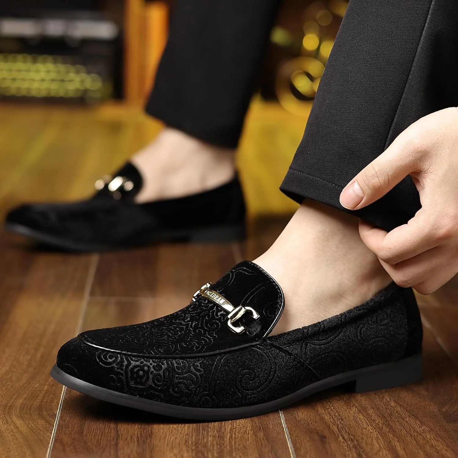 COSIDRAM Men's Velvet Penny Loafers Luxury Vintage Jacquard Pattern Classic Gold Buckle Party Prom Dress Shoes