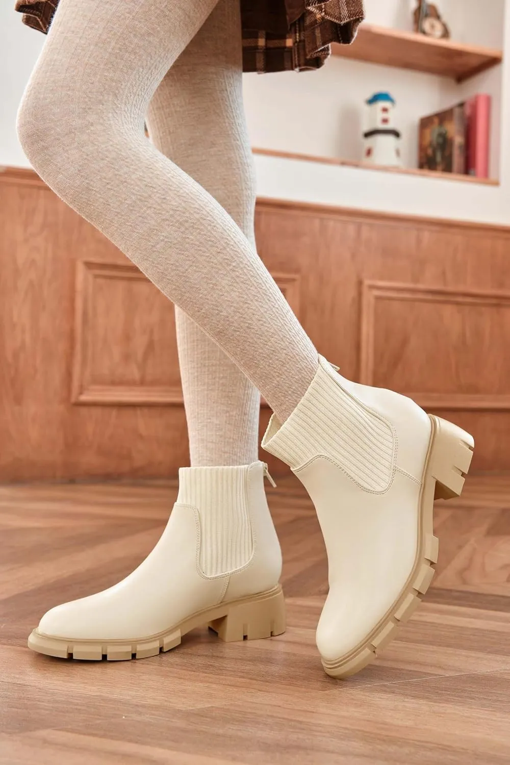 Coutgo Girl Boots Kids Ankle Boots Back Zipper Round Toe Chelsea Platform Elastic Short Booties Snow Boots for Little Kids/Big Kids