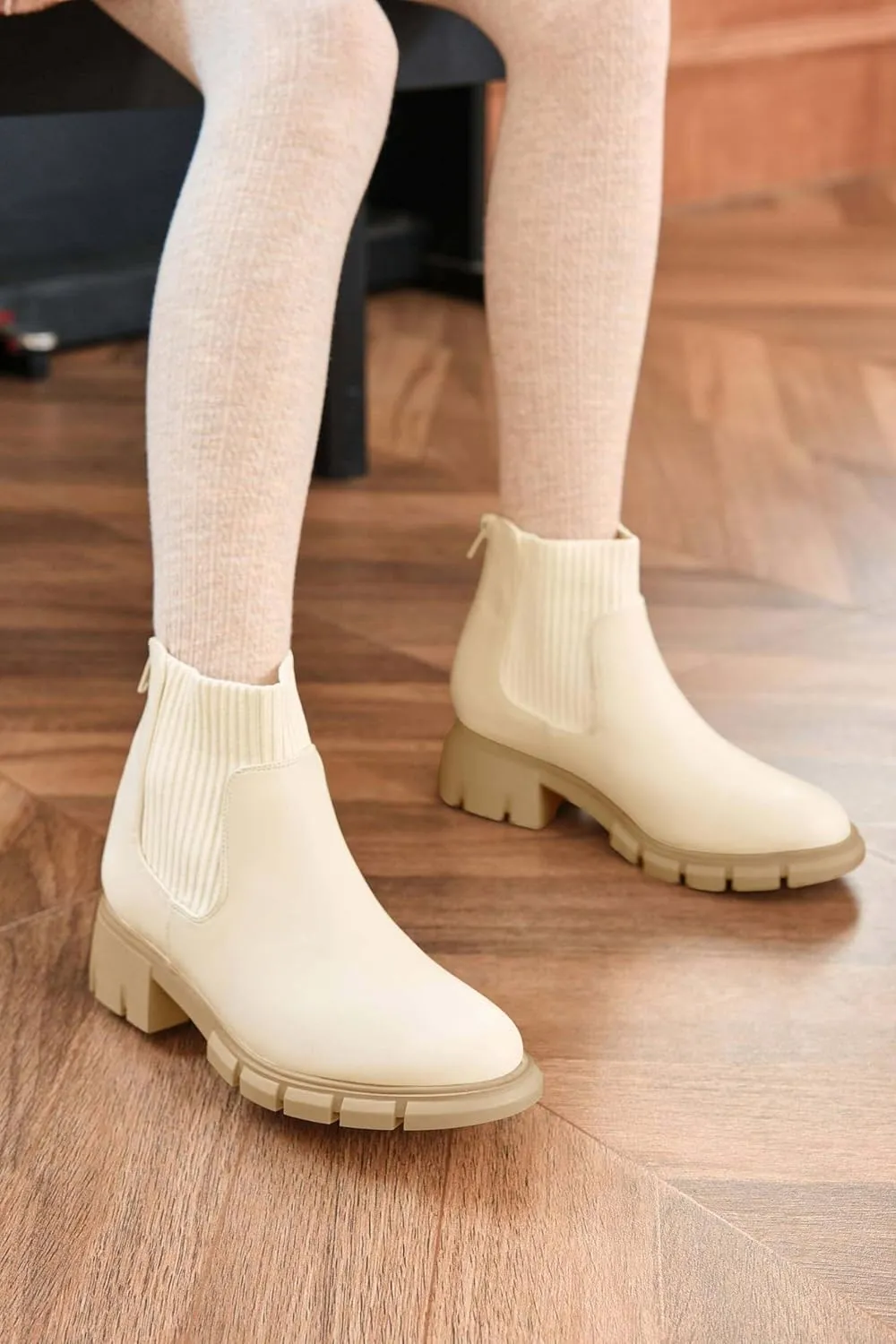 Coutgo Girl Boots Kids Ankle Boots Back Zipper Round Toe Chelsea Platform Elastic Short Booties Snow Boots for Little Kids/Big Kids
