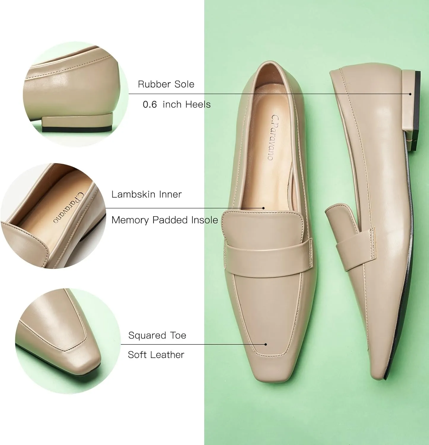 C.Paravano Loafers for Women, Slip-ons Penny Loafers Comfortable Dressy for Formal & Casual Wear, Square Toe Flats for Office