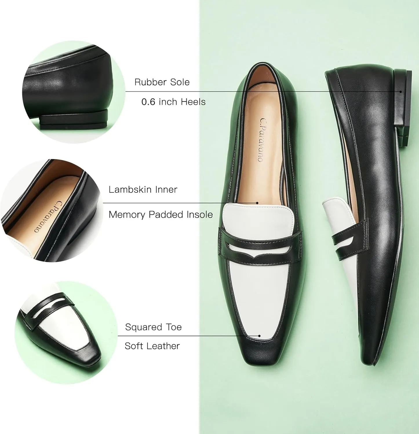 C.Paravano Penny Loafers for Women Formal Dress Square Toe Flats Slip on Loafer Shoes Comfort Loafer for Business Casual Wear