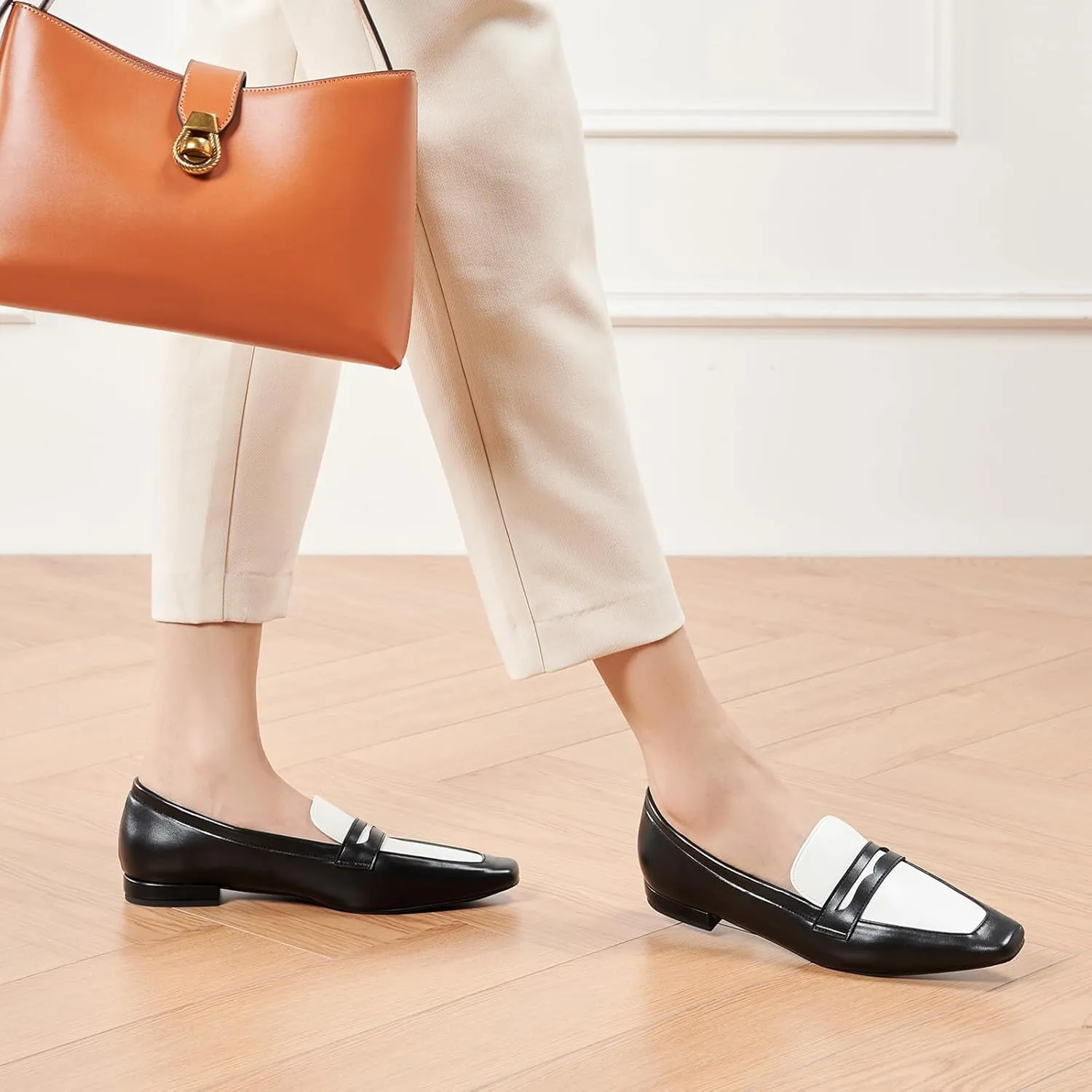 C.Paravano Penny Loafers for Women Formal Dress Square Toe Flats Slip on Loafer Shoes Comfort Loafer for Business Casual Wear