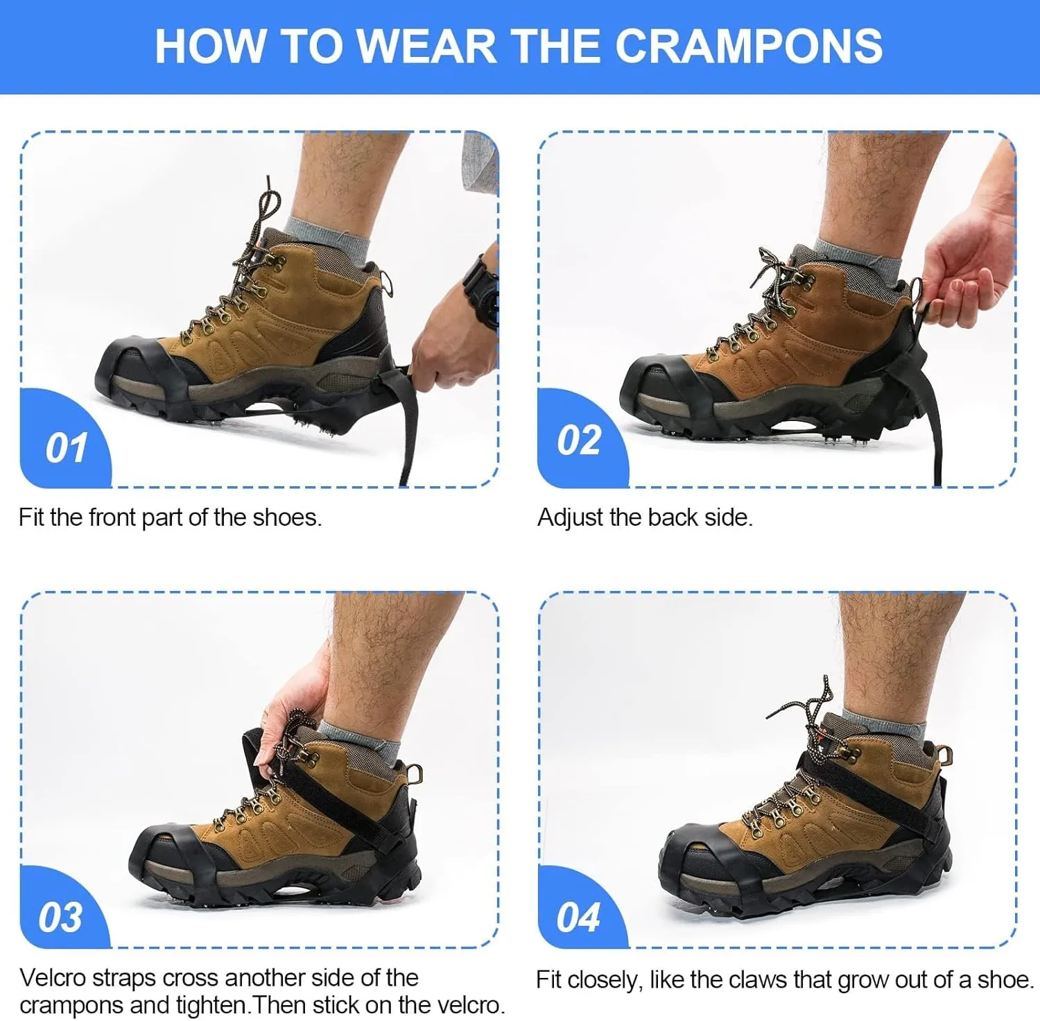 Crampons, Ice Cleats for Shoes and Boots, Silicone Stainless Steel Grippers Shoe Spikes Grips Traction for Ice Snow, Winter Hiking Climbing Ice Fishing
