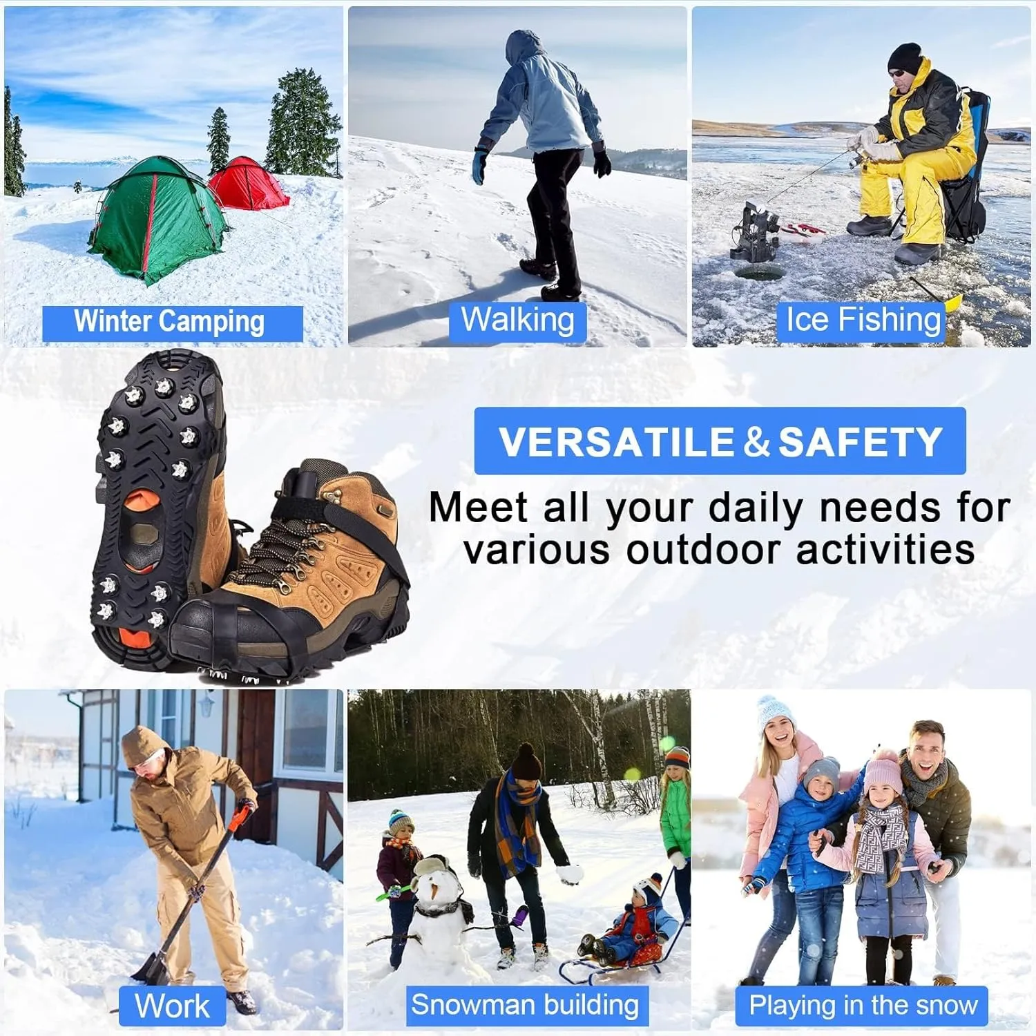 Crampons, Ice Cleats for Shoes and Boots, Silicone Stainless Steel Grippers Shoe Spikes Grips Traction for Ice Snow, Winter Hiking Climbing Ice Fishing