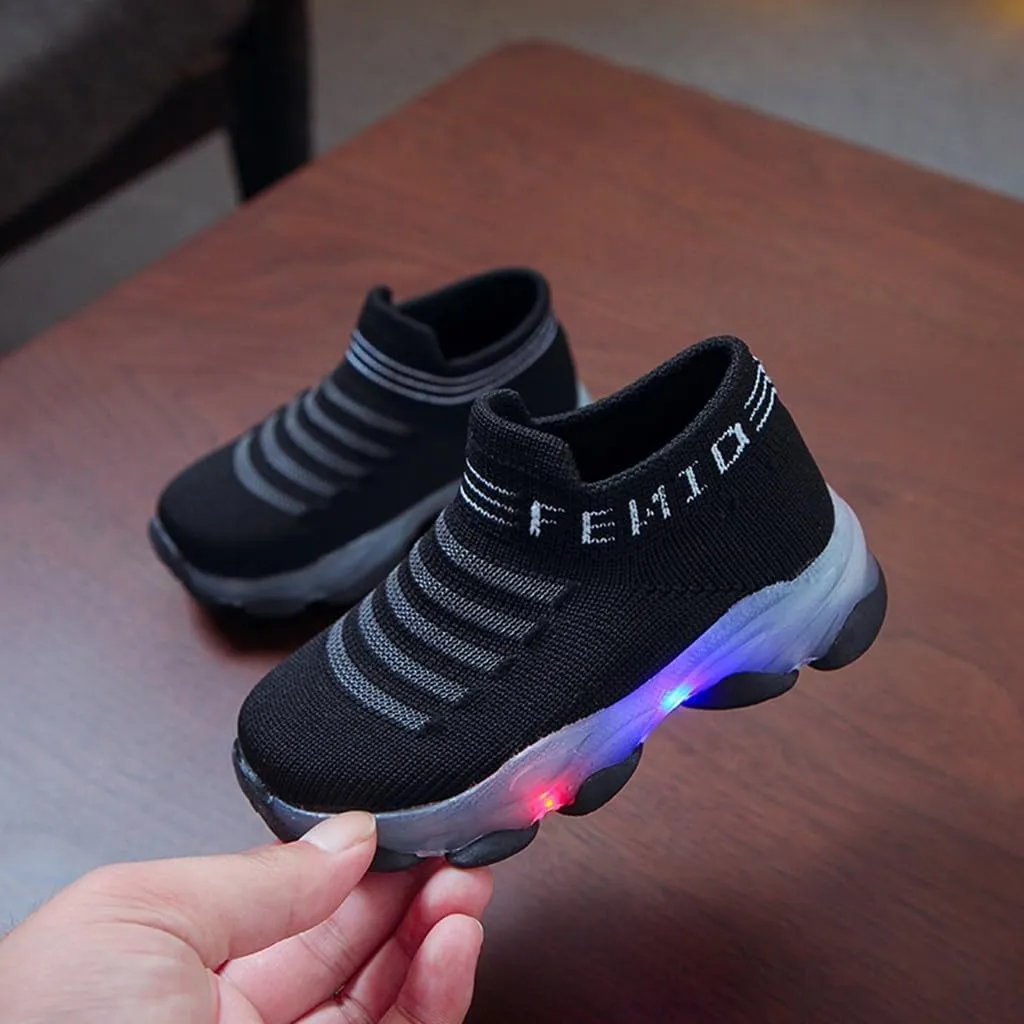 Crochet Light up Sneakers for Toddler Boys Kids Sole Non Slip Running Sport Shoes First Walking Lightweight Breathable