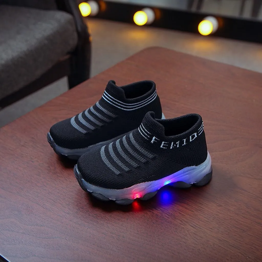 Crochet Sole Non Slip Light up Sneakers for Toddler Boys Kids Soft Rubber Baby First Walking Running Sport Shoes