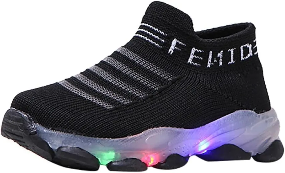 Crochet Sole Non Slip Light up Sneakers for Toddler Boys Kids Soft Rubber Baby First Walking Running Sport Shoes