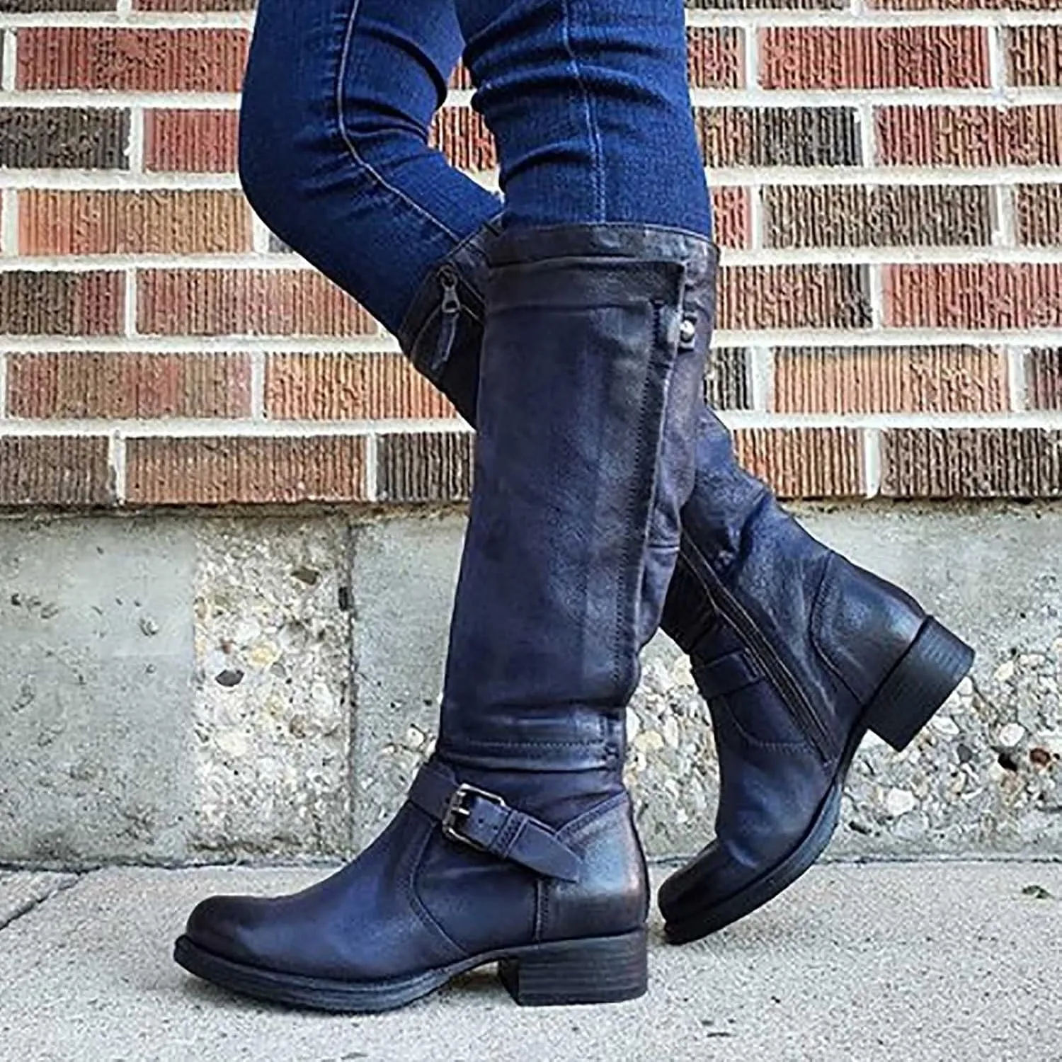 Ctreela Slouch Riding Boots Vintage Side Zipper Motorcycle Boots Winter Retro Round Toe Combat Boots Knee High Work Booties