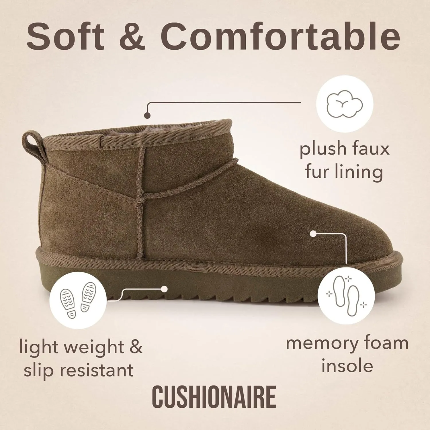 CUSHIONAIRE Women's Hip 2 Genuine Suede Ankle Snow Boots - Pull-On with Cozy Faux Shearling Lining,  Memory Foam
