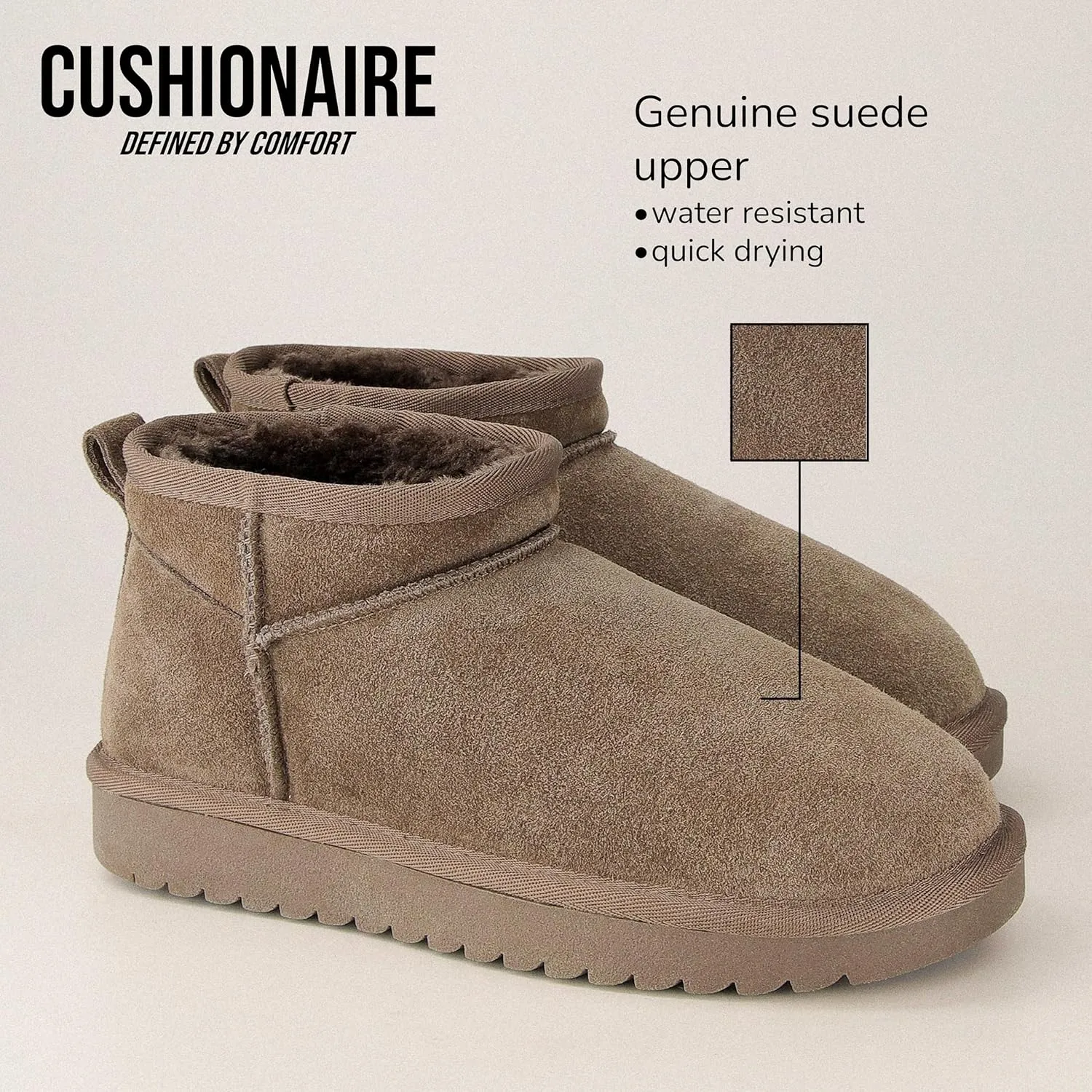 CUSHIONAIRE Women's Hip 2 Genuine Suede Ankle Snow Boots - Pull-On with Cozy Faux Shearling Lining,  Memory Foam