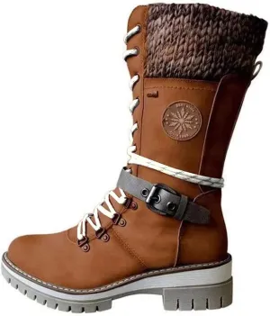 Cydmoty Women Buckle Lace Knitted Mid-calf Boots, Women Buckle Lace Knitted Boots, knitted tall shaft hiker boot styled with Stylish finished hardware and two-tone laces