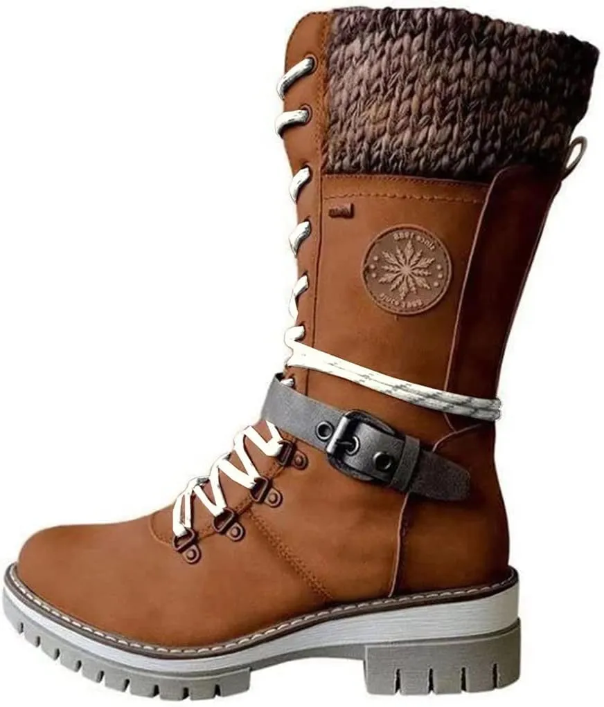 Cydmoty Women Buckle Lace Knitted Mid-calf Boots, Women Buckle Lace Knitted Boots, knitted tall shaft hiker boot styled with Stylish finished hardware and two-tone laces
