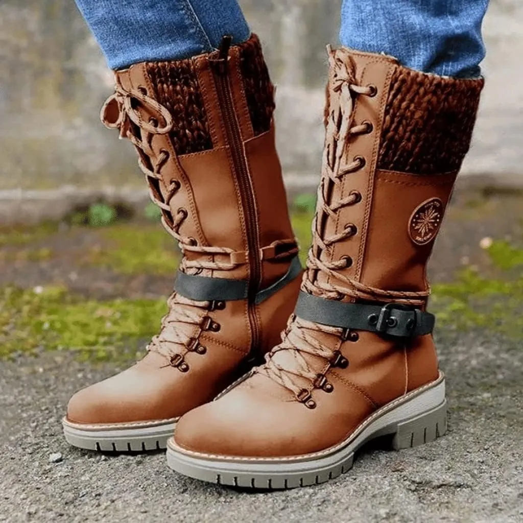 Cydmoty Women Buckle Lace Knitted Mid-calf Boots, Women Buckle Lace Knitted Boots, knitted tall shaft hiker boot styled with Stylish finished hardware and two-tone laces