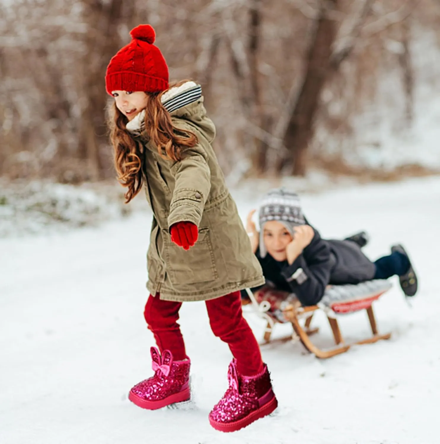 DADAWEN Boy's Girl's Warm Winter Sequin Waterpoof Outdoor Snow Boots