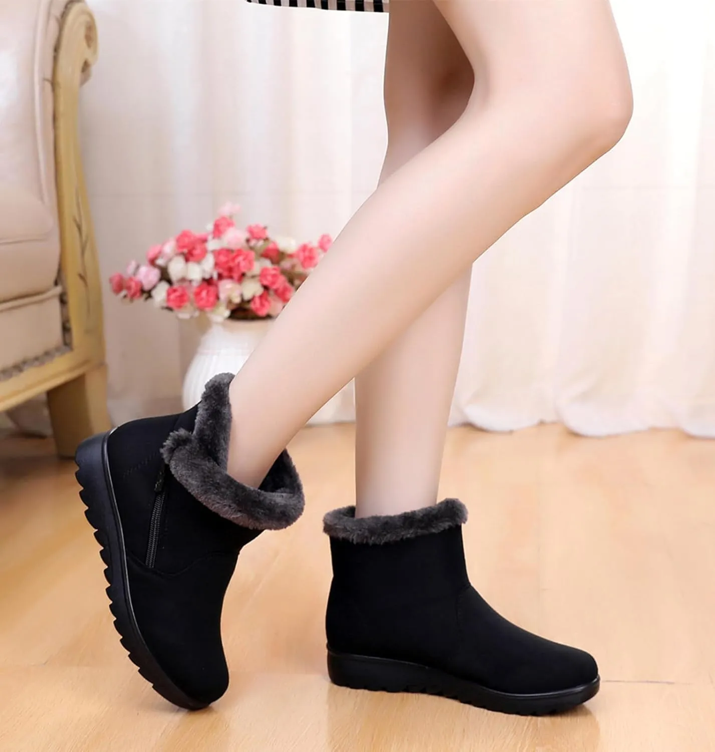 DADAWEN Women's Winter Warm Fur Lined Snow Boots Side Zipper Ankle Boots Outdoor Booties Comfortable Boots for Women