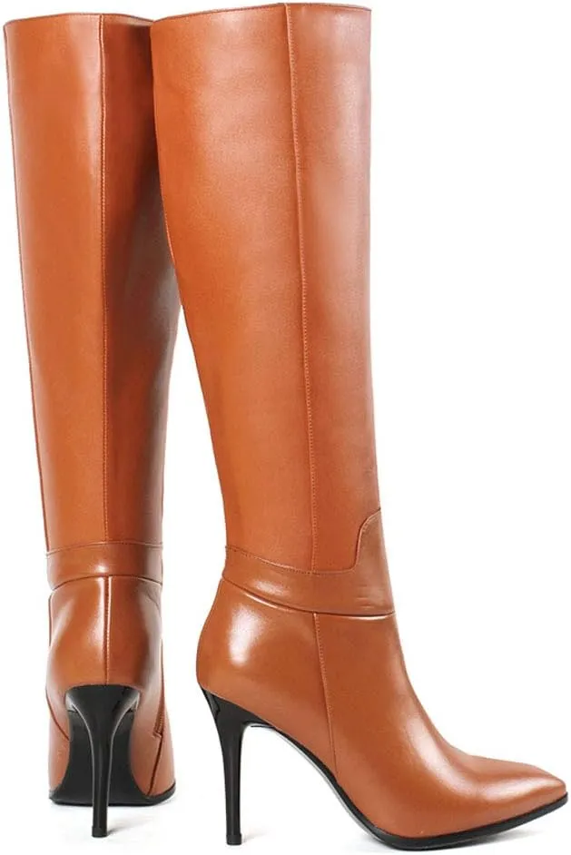 Dance&Style Women's Leather Boots Middle Thin Heels Shoes Zipper Knee High Boots