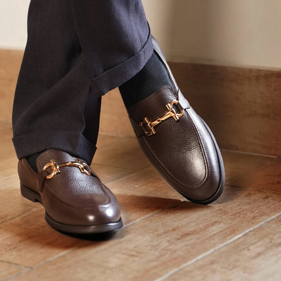 Dark Brown Pebble Grain Horsebit Loafers