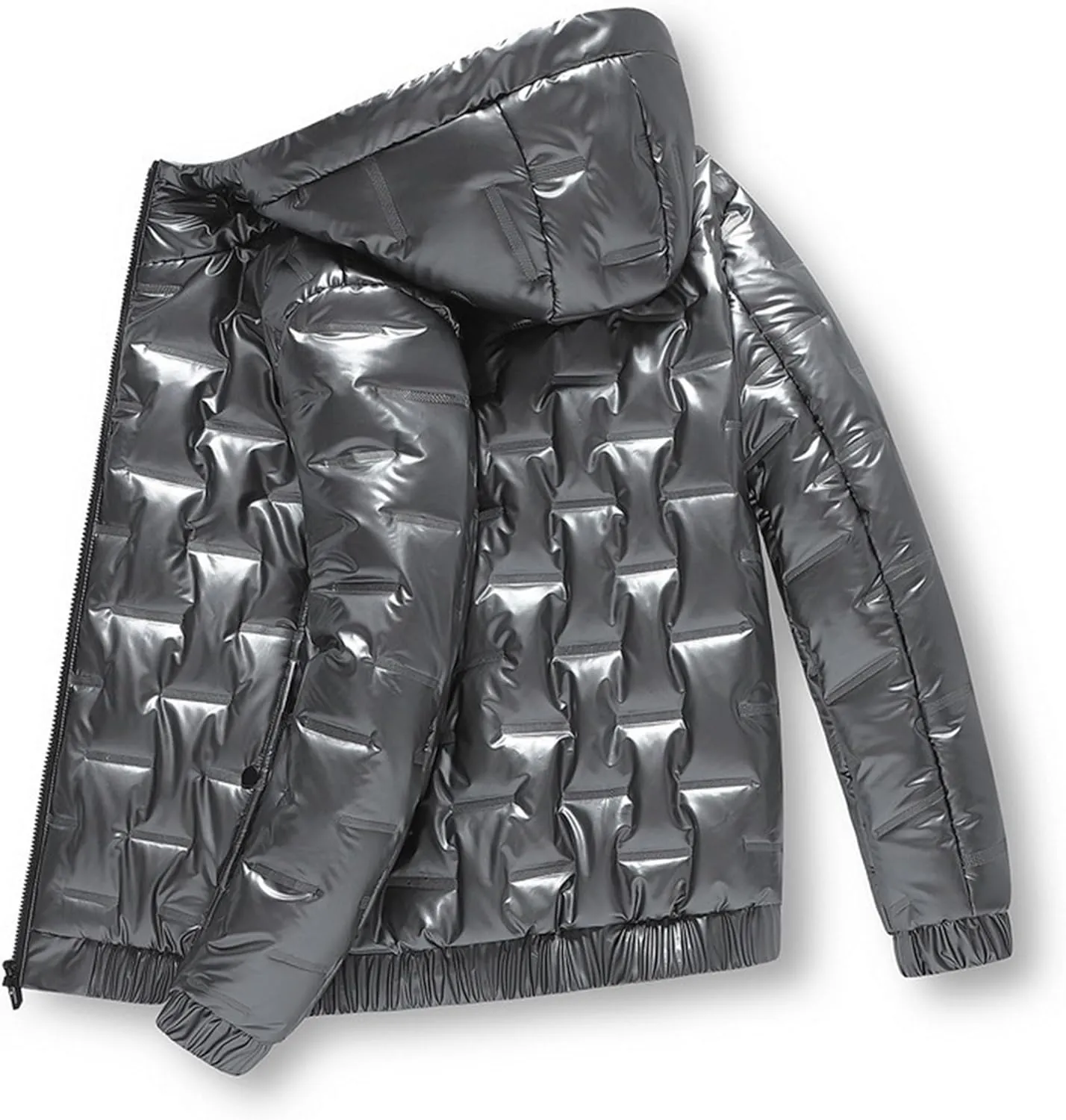 DGHM-JLMY Men's Glossy Padded Winter Hood Coat Metallic Full Zip Down Quilted Puffer Jacket Warm Plus Size Shiny Hooded Coat