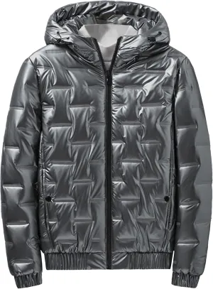 DGHM-JLMY Men's Glossy Padded Winter Hood Coat Metallic Full Zip Down Quilted Puffer Jacket Warm Plus Size Shiny Hooded Coat