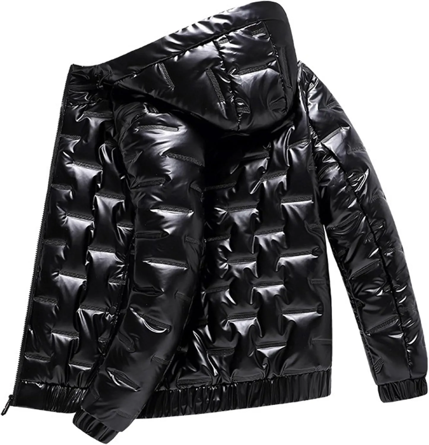 DGHM-JLMY Men's Glossy Padded Winter Hood Coat Metallic Full Zip Down Quilted Puffer Jacket Warm Plus Size Shiny Hooded Coat