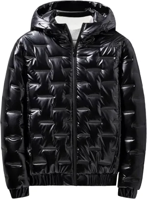 DGHM-JLMY Men's Glossy Padded Winter Hood Coat Metallic Full Zip Down Quilted Puffer Jacket Warm Plus Size Shiny Hooded Coat