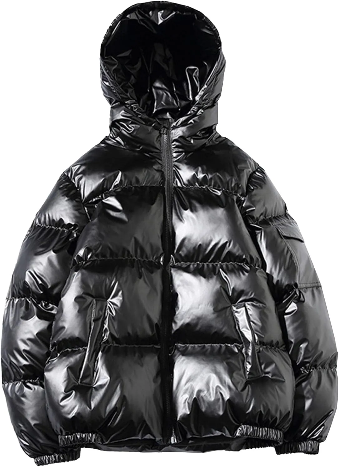 DGHM-JLMY Men's Glossy Padded Winter Hood Coat Metallic Full Zip Down Quilted Puffer Jacket Warm Plus Size Shiny Hooded Coat
