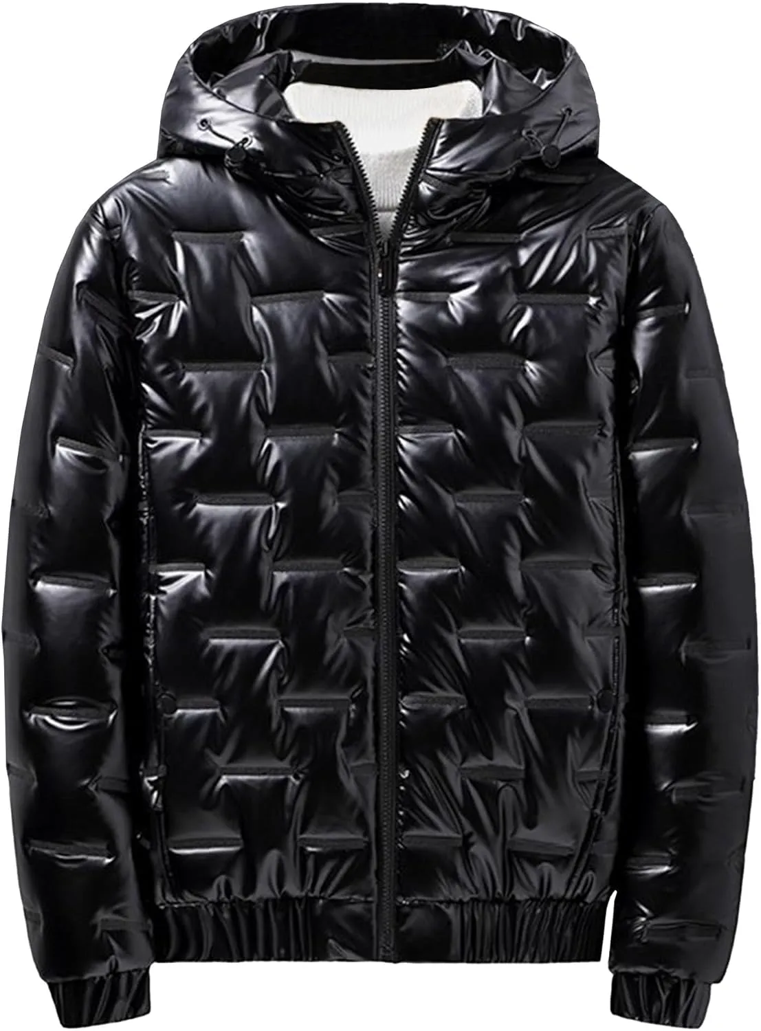 DGHM-JLMY Men's Glossy Padded Winter Hood Coat Metallic Full Zip Down Quilted Puffer Jacket Warm Plus Size Shiny Hooded Coat