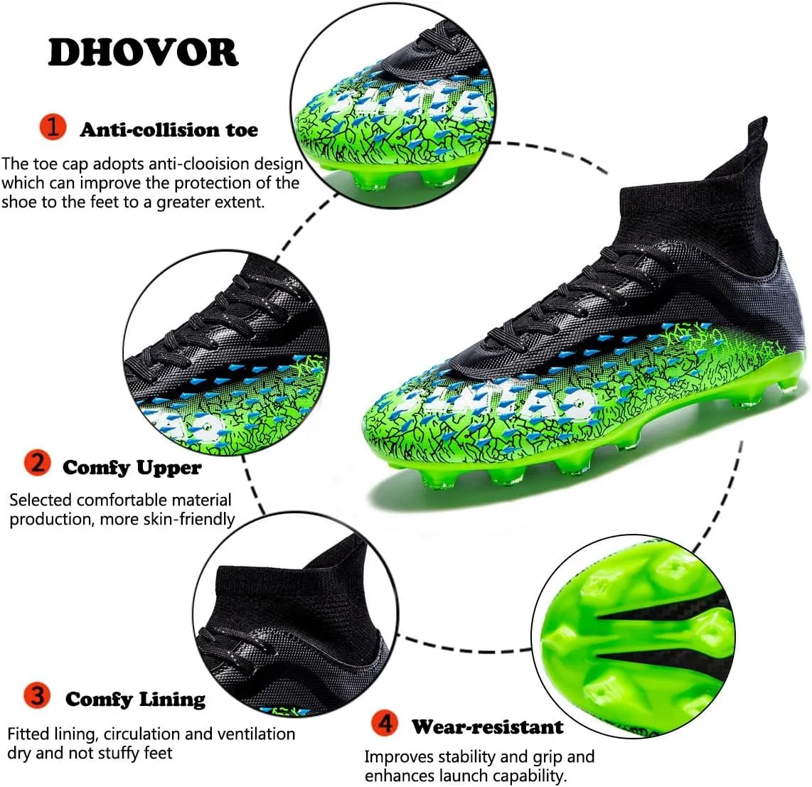 DHOVOR Boys Football Cleats High-Tops Football Shoes for Kids Soccer Cleats Professional Athletic Training Soccer Shoes