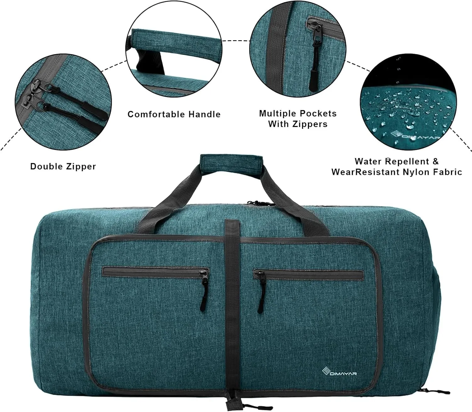 Dimayar 65L Travel Duffle Bag for Men Women - Foldable Duffel Bag with Shoes Compartment - Overnight Bags Waterproof & Tear Resistant(Green)