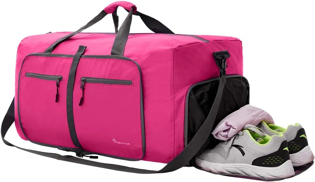 Dimayar Travel Duffle Bag for Men Women - Foldable Duffel Bag with Shoes Compartment - Overnight Bags Waterproof & Tear Resistant(85L,Fuchsine)