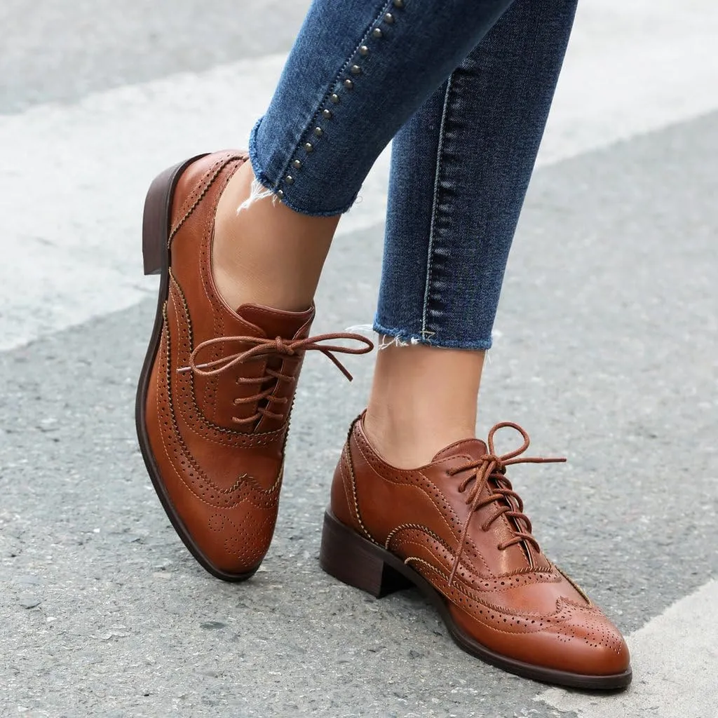 DINTAHA Womens Wingtip Oxford Shoes Chunky Low Heel Oxford Flats Lace Up Brogues Vintage Dress Shoes