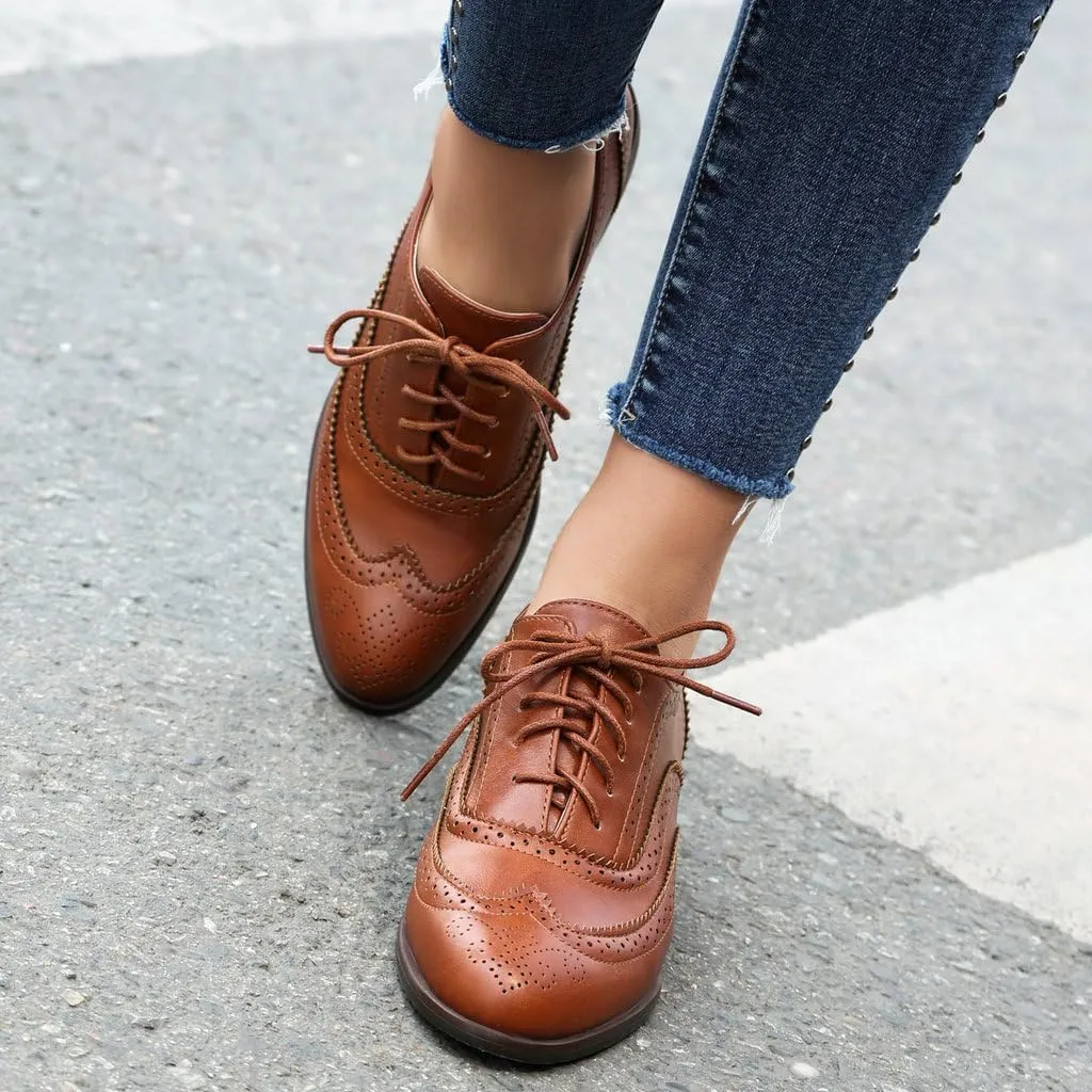 DINTAHA Womens Wingtip Oxford Shoes Chunky Low Heel Oxford Flats Lace Up Brogues Vintage Dress Shoes
