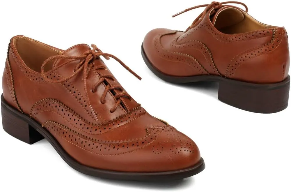 DINTAHA Womens Wingtip Oxford Shoes Chunky Low Heel Oxford Flats Lace Up Brogues Vintage Dress Shoes