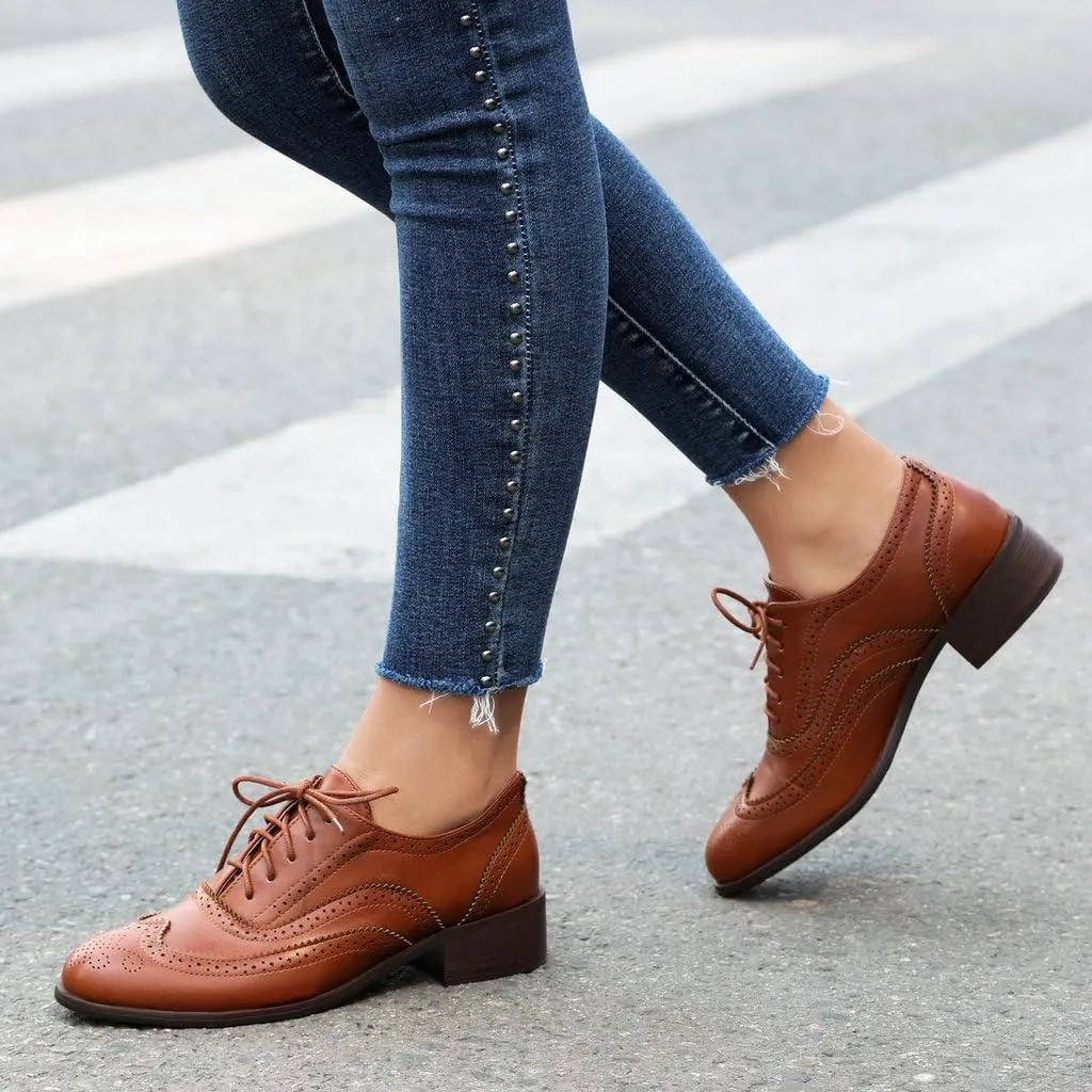 DINTAHA Womens Wingtip Oxford Shoes Chunky Low Heel Oxford Flats Lace Up Brogues Vintage Dress Shoes