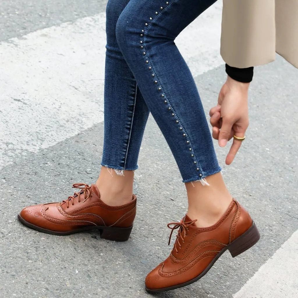 DINTAHA Womens Wingtip Oxford Shoes Chunky Low Heel Oxford Flats Lace Up Brogues Vintage Dress Shoes