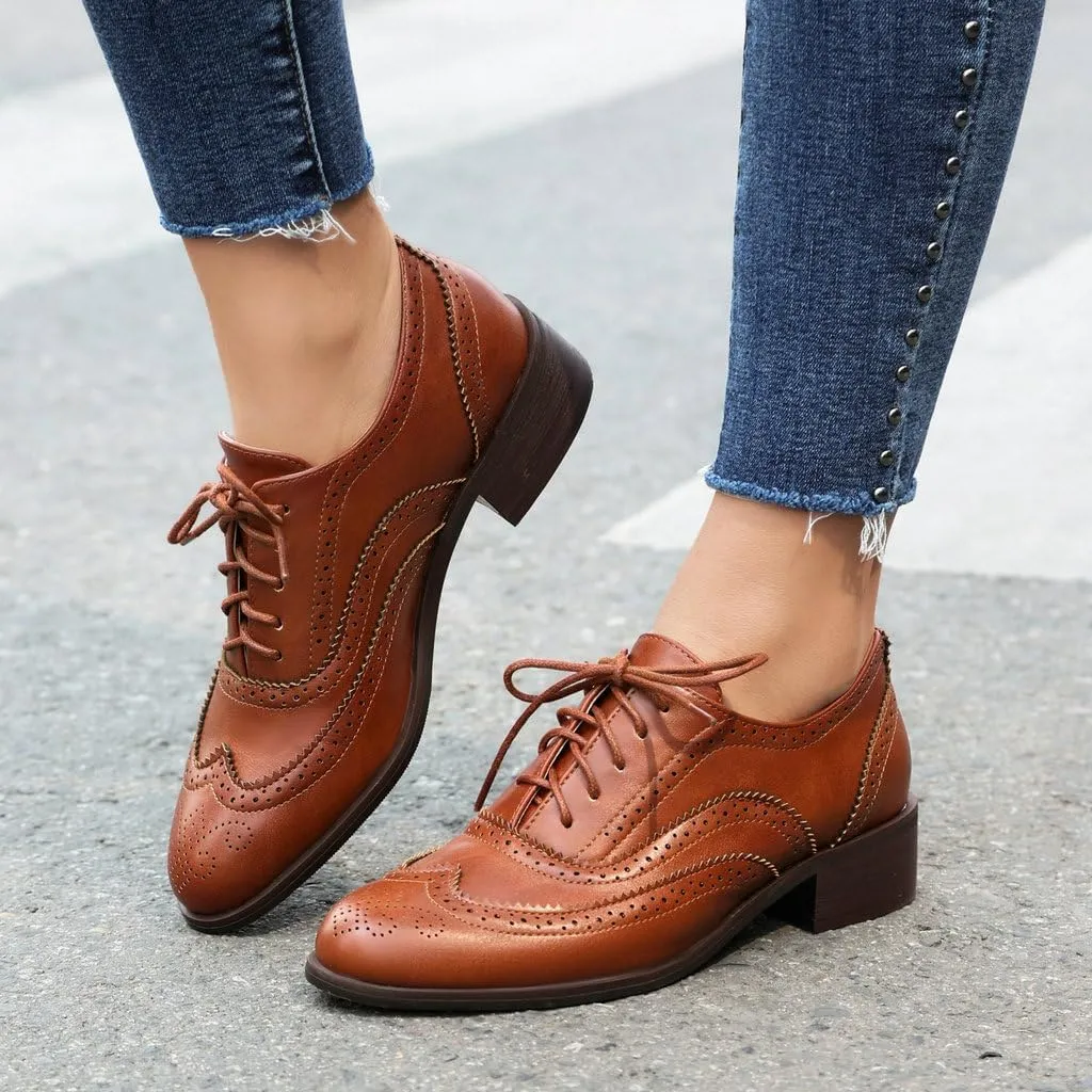 DINTAHA Womens Wingtip Oxford Shoes Chunky Low Heel Oxford Flats Lace Up Brogues Vintage Dress Shoes
