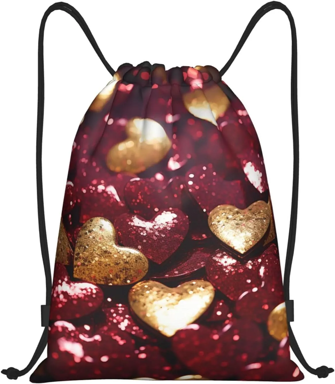 Drawstring Backpack Heart-Shaped Sequins Print Waterproof String Bag Adjustable Gym Drawstring Bag Sports Sackpack, Black, M