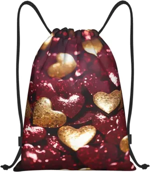 Drawstring Backpack Heart-Shaped Sequins Print Waterproof String Bag Adjustable Gym Drawstring Bag Sports Sackpack, Black, M