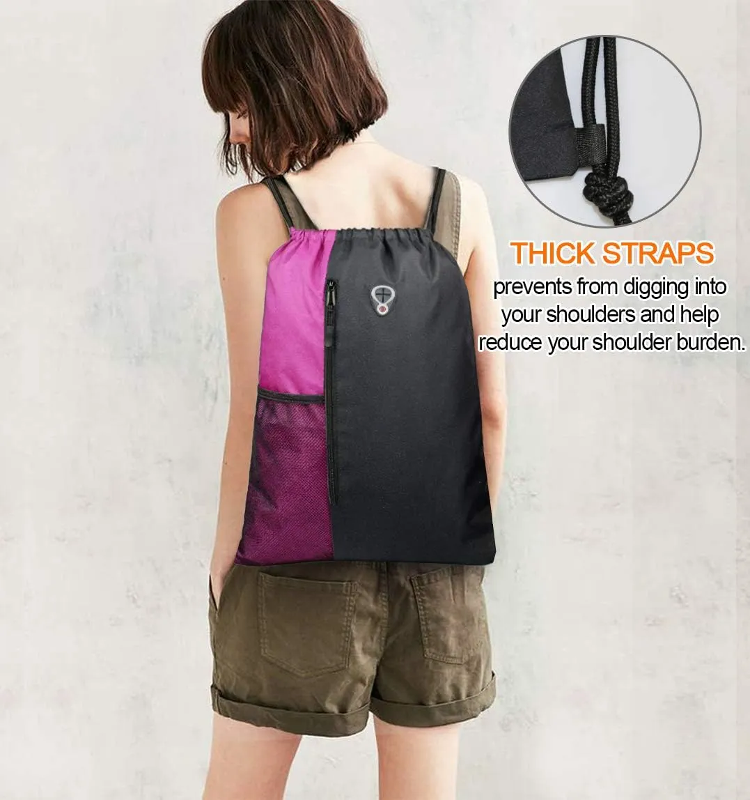 Drawstring Backpack Sports Gym Bag for Women Men Large Size With Two Zipper Pockets and Water Bottle Mesh Pockets