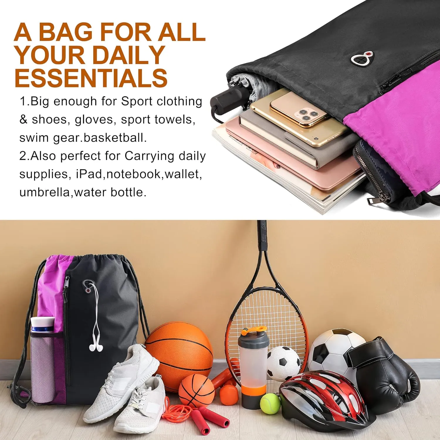 Drawstring Backpack Sports Gym Bag for Women Men Large Size With Two Zipper Pockets and Water Bottle Mesh Pockets