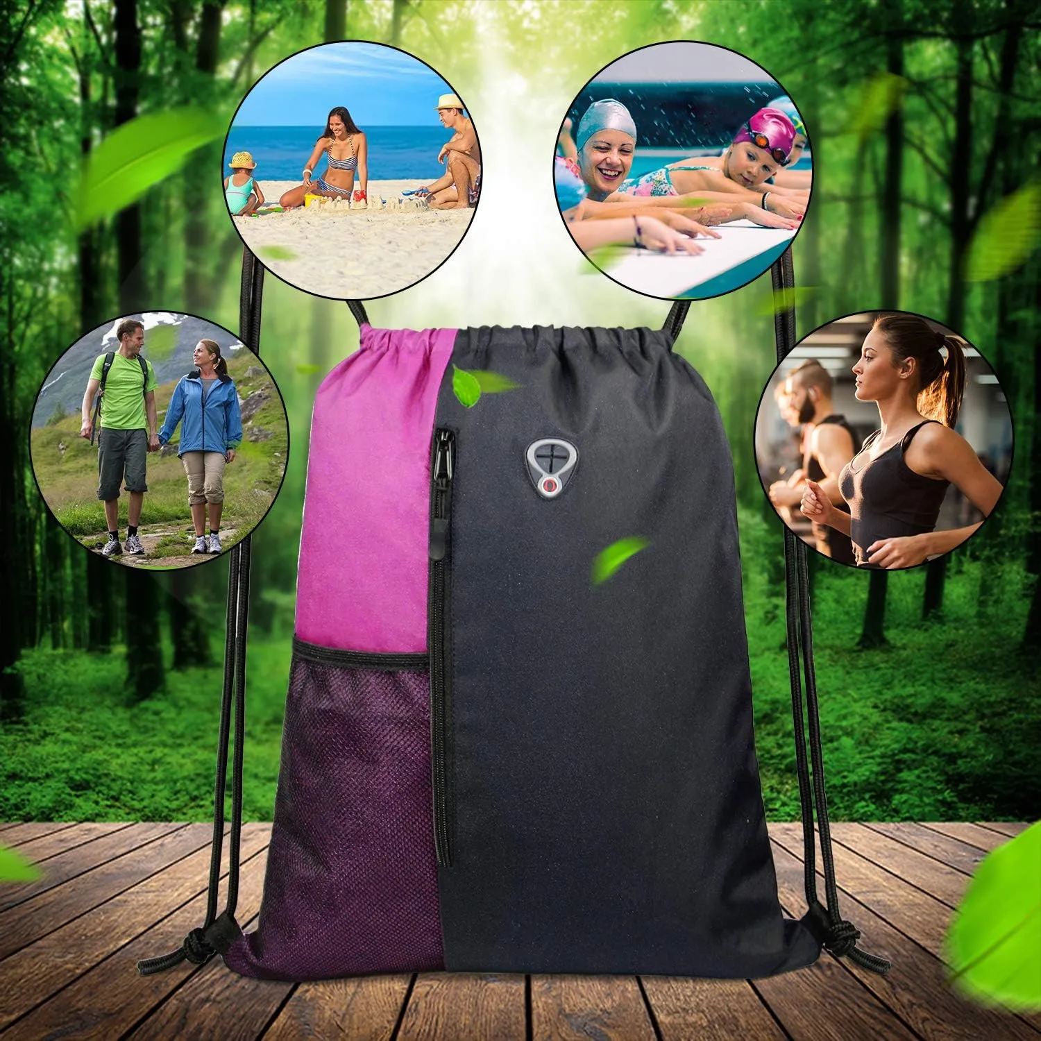 Drawstring Backpack Sports Gym Bag for Women Men Large Size With Two Zipper Pockets and Water Bottle Mesh Pockets