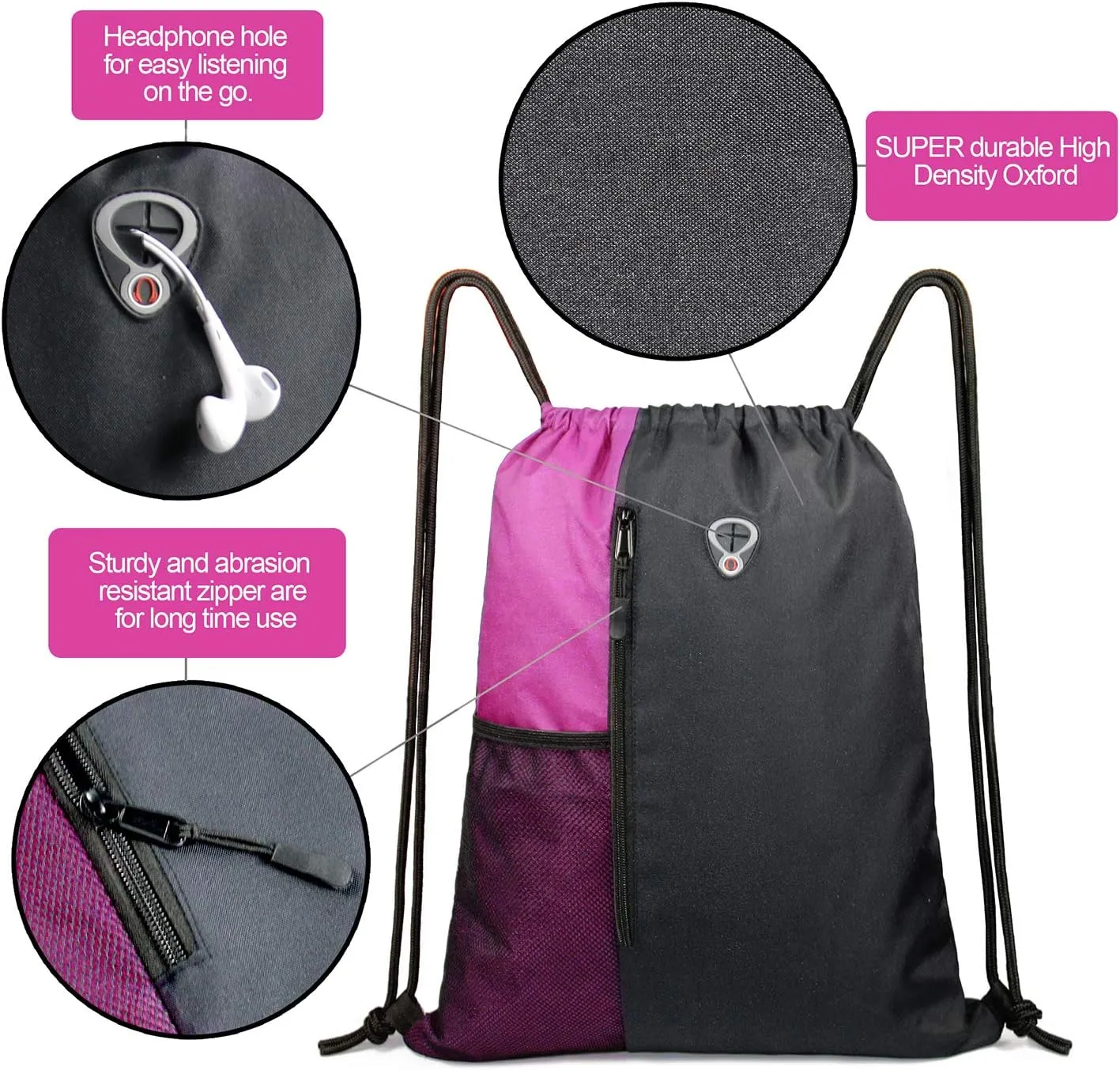 Drawstring Backpack Sports Gym Bag for Women Men Large Size With Two Zipper Pockets and Water Bottle Mesh Pockets