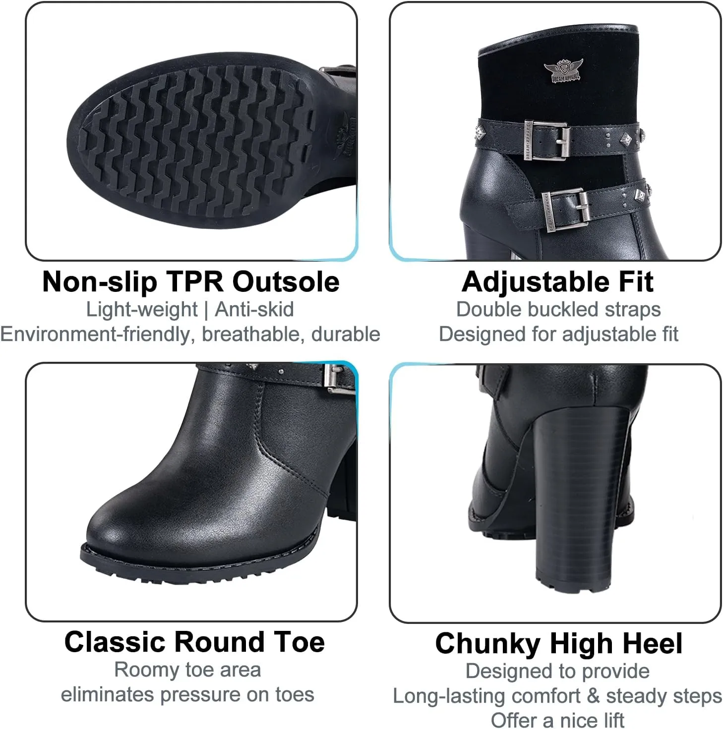 Dream Apparel Womens Motorcycle Riding Boots Biker Boots with Side Zipper, Black Faux Leather Ankle Boots Booties with Adjustable Buckled Straps, Fashion Short Boots for Ladies with Chunky High Heel