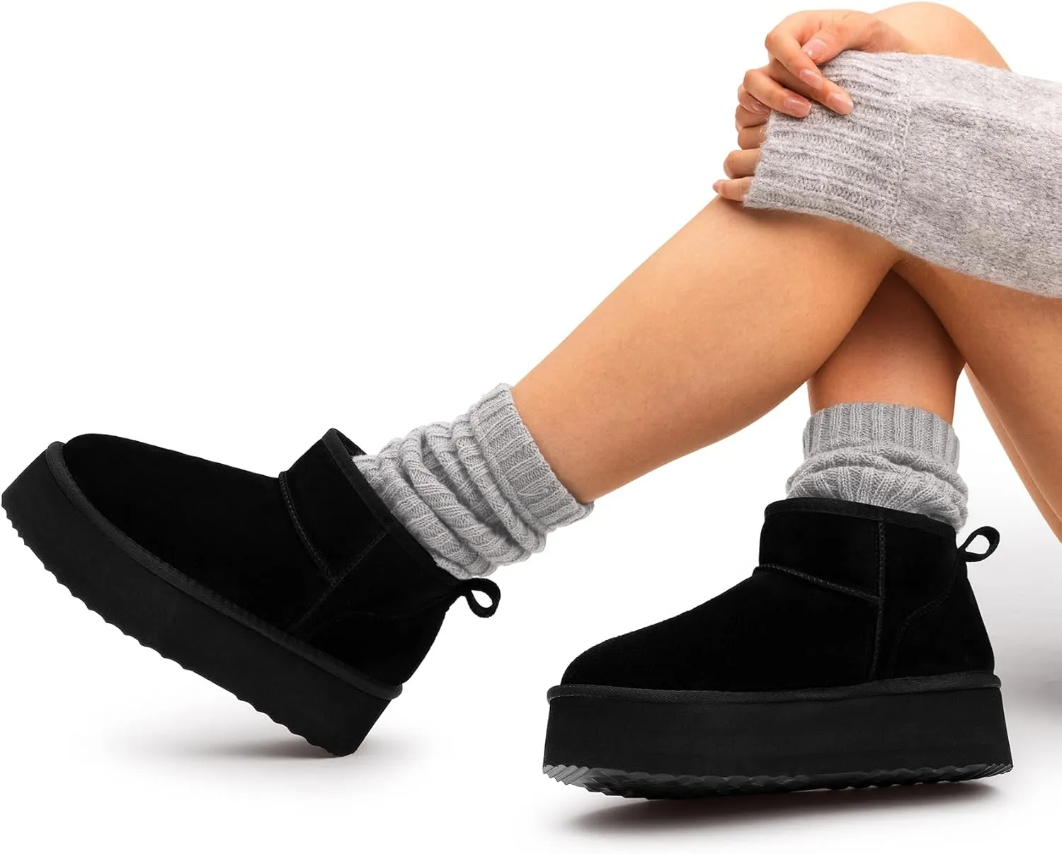 DREAM PAIRS FuzzyClassic Platform Mini Boots for Women Suede Genuine Leather, Classic Winter Ankle Snow Boots with Memory Foam Insole Lightweight Anti-Slip Outsole Outdoor