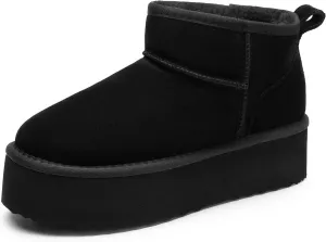 DREAM PAIRS FuzzyClassic Platform Mini Boots for Women Suede Genuine Leather, Classic Winter Ankle Snow Boots with Memory Foam Insole Lightweight Anti-Slip Outsole Outdoor